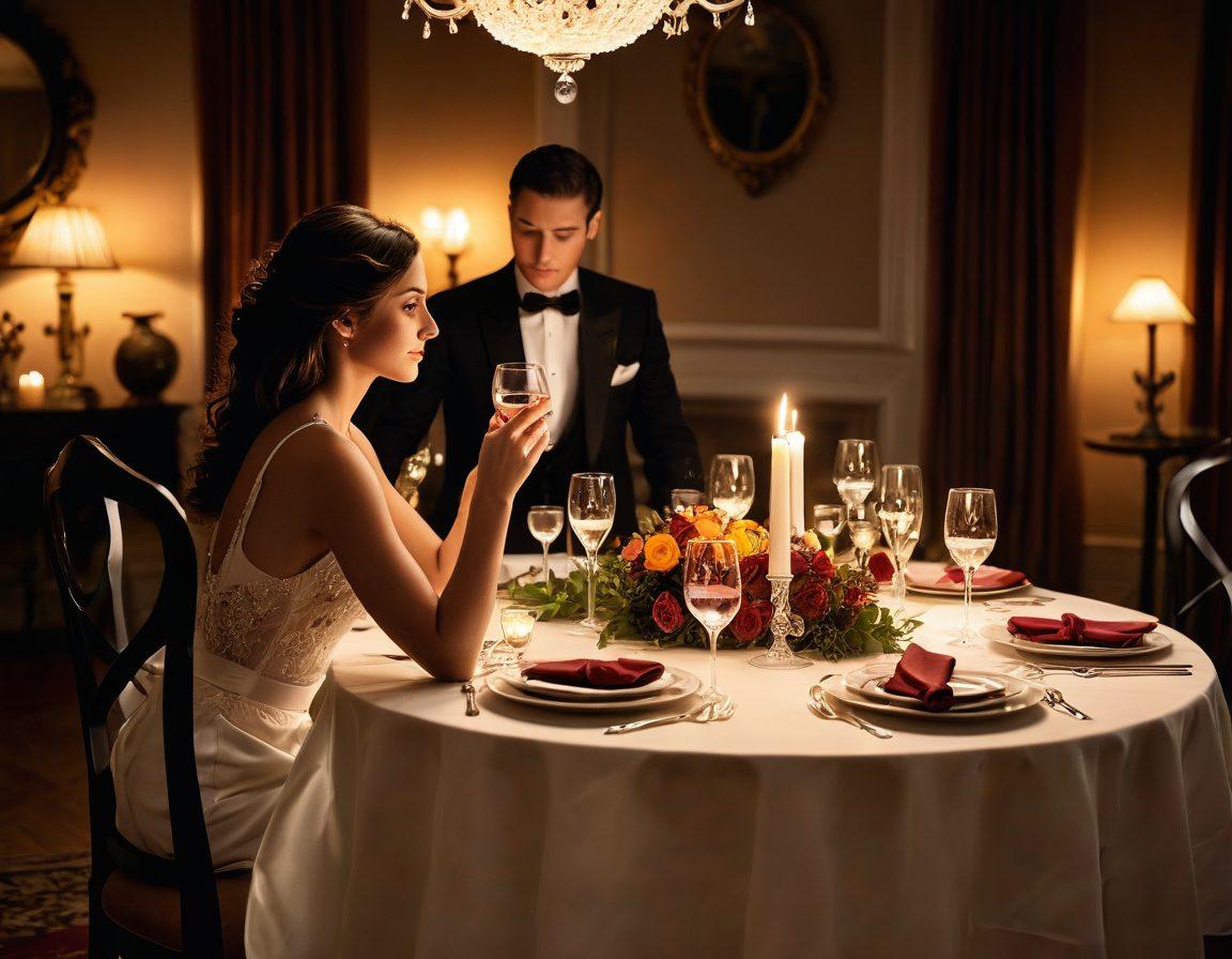 A seductive, intimate scene featuring a tastefully arranged romantic dinner setting with soft candlelight, adorned with luxurious fabrics and subtle sensual imagery in the background. Incorporate silhouettes of couples in flirtatious poses, hinting at passion and connection, while maintaining elegance and sophistication. The atmosphere should evoke warmth and allure, inviting viewers into the world of erotic entertainment. vibrant colors. soft focus. cinematic lighting.