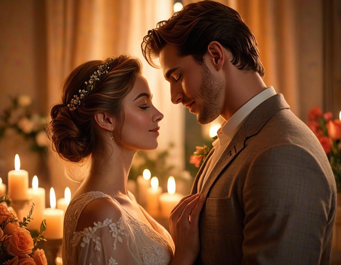 A cozy scene featuring two individuals sharing an intimate moment, gazing into each other's eyes with a backdrop of soft candlelight and warm colors. Incorporate a video camera capturing their genuine connection, detailed expressions filled with love and passion. Include elements like heart motifs and subtle floral arrangements for added romance. super-realistic. warm tones. soft focus.