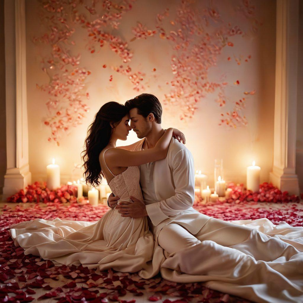 A soft, warm-lit room adorned with luxurious fabrics, showcasing a couple intertwined in a gentle embrace, surrounded by delicate rose petals. The atmosphere is rich with intimate elements like flickering candles and a glass of wine, evoking a sense of passion and romance. The background features abstract shapes that symbolize emotional connections and intimacy. painting. warm colors. soft focus.